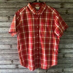 Columbia Men's Short-Sleeved Button-Down Shirt Size M Red Plaid Regular Fit Logo